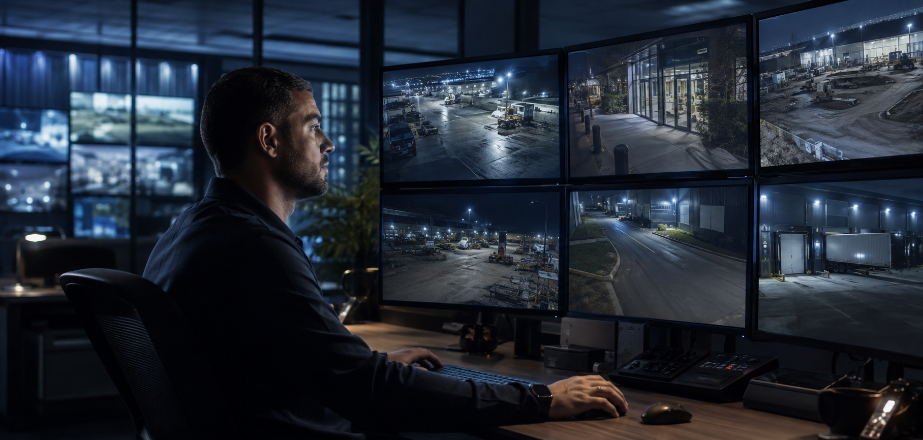 A remote CCTV operator monitoring several business locations overnight